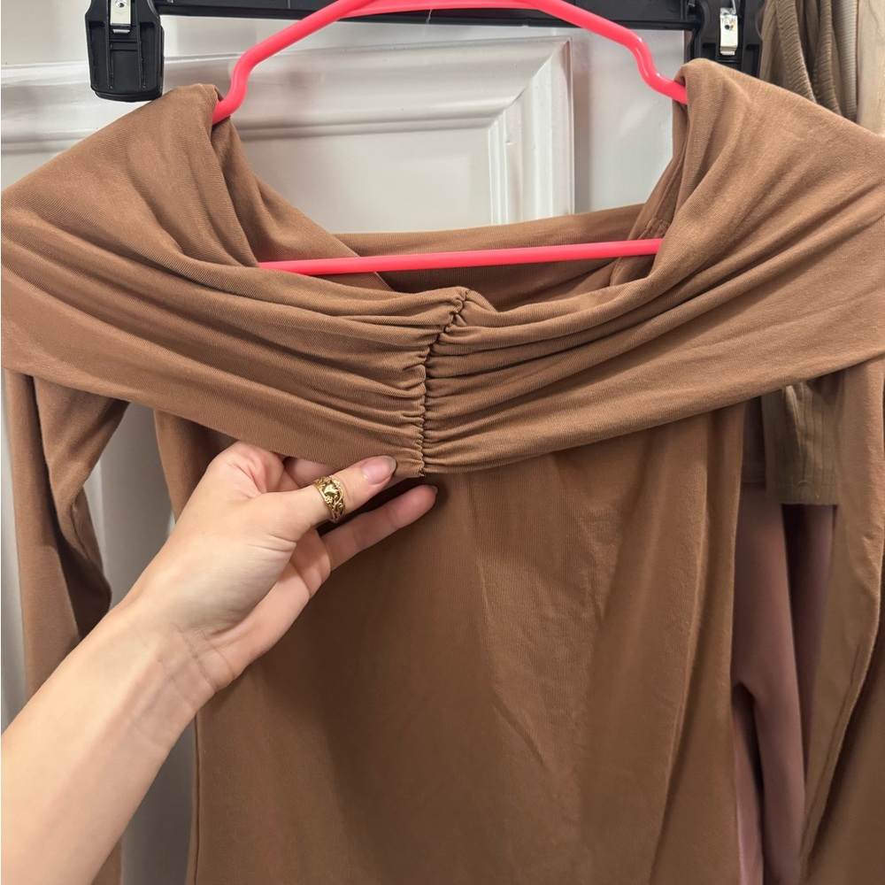 Aritzia Elegant Tan Off-Shoulder Top